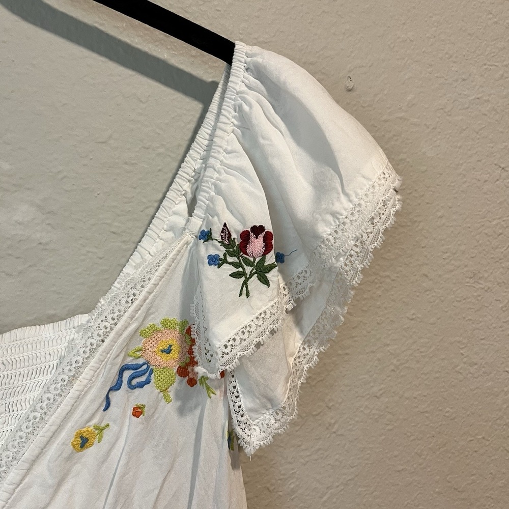 Anthropologie Top Small White Embroidered Patched Hanky Babydoll Bohemian Hippie - Picture 3 of 12